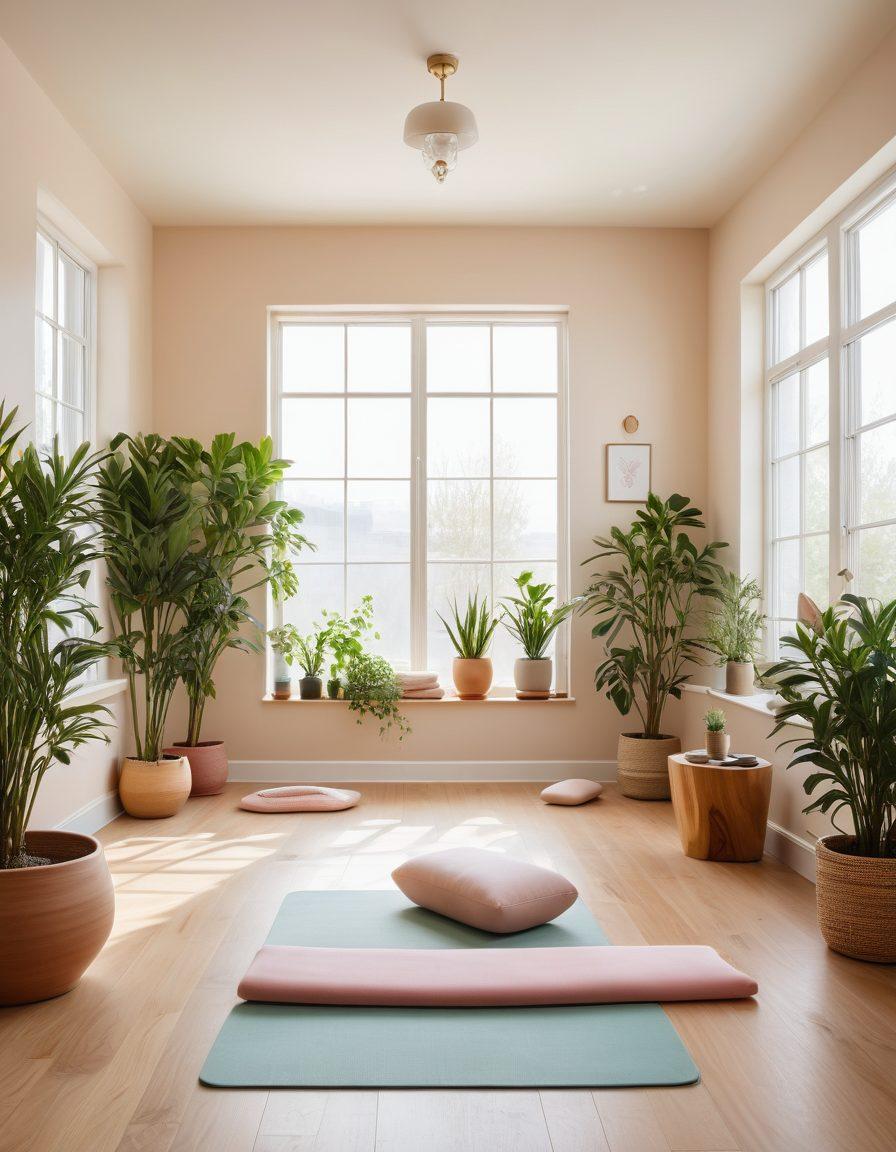 A serene clinic interior featuring plants and natural light, with a yoga mat and meditation cushions in a corner. A diverse group of people practicing mindfulness together, showcasing harmony between body and mind. Incorporate holistic elements like crystals, herbs, and essential oils on a central table. Soft pastel colors to evoke tranquility and peace. super-realistic. vibrant colors. warm tones.